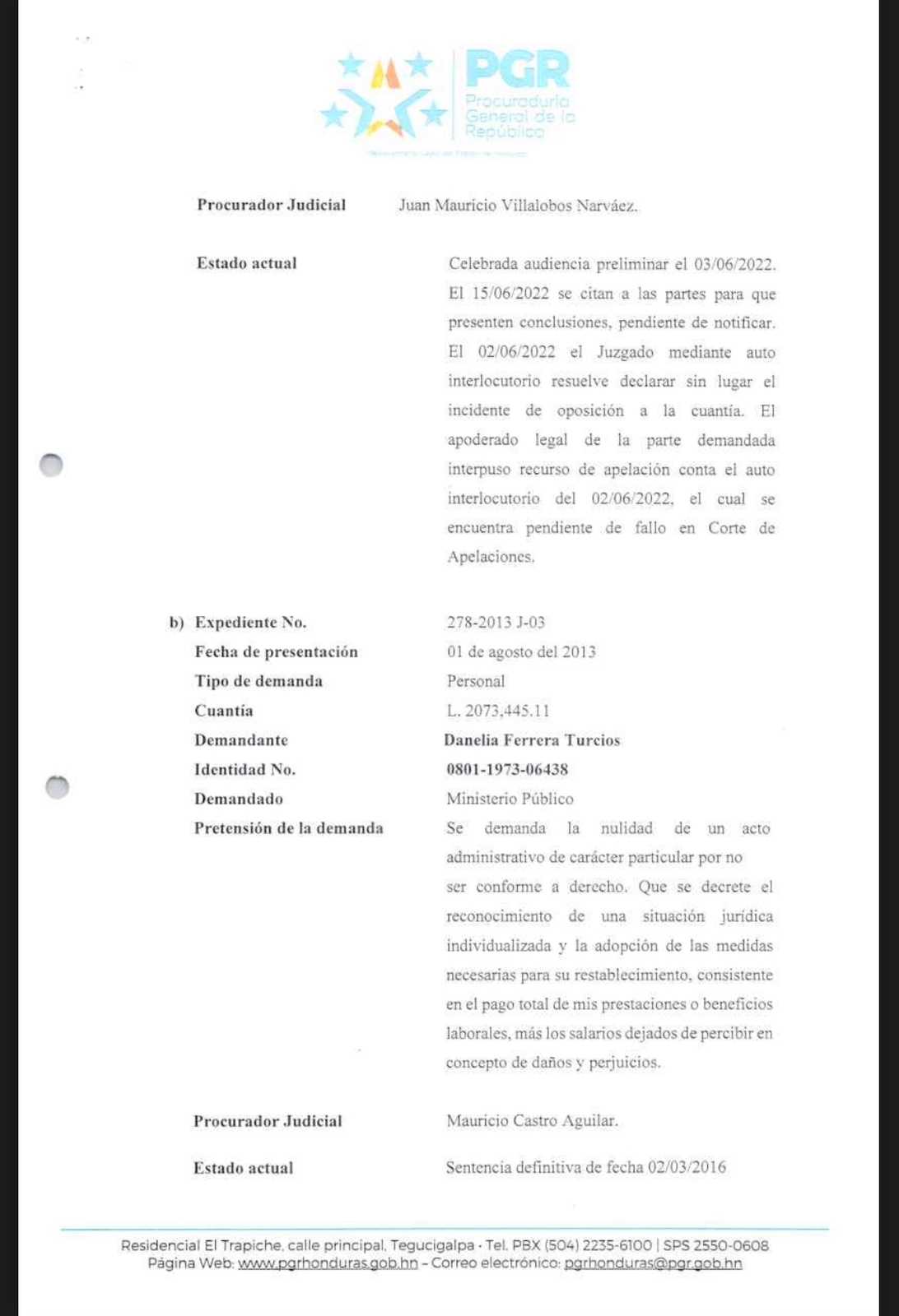 Informe remitido por parte de la PGR
